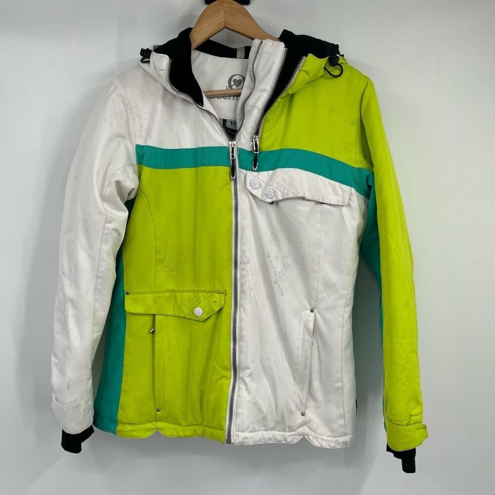 Obermeyer Ski Jacket Dupant Comformax Classic Hooded White Green Womens Size 10